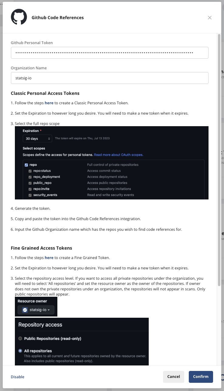 GitHub integration configuration interface